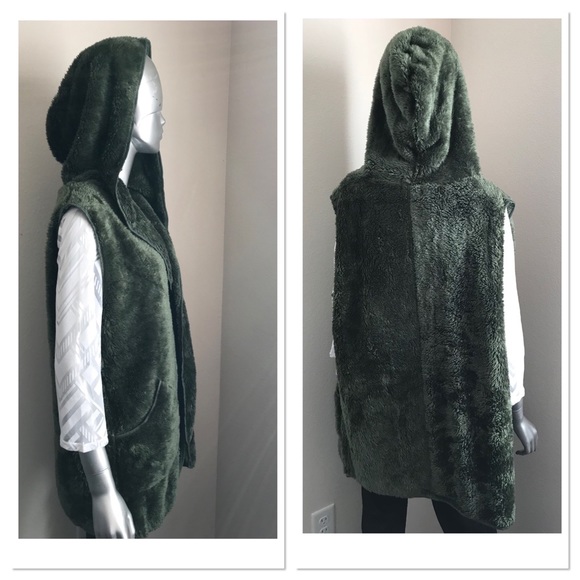 Forest Green Faux Fur Hoodie Vest - Picture 2 of 3
